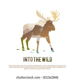 Vector Poster On Themes: Wild Animals Of Canada, Survival In The Wild, Hunting, Camping, Trip. Moose.