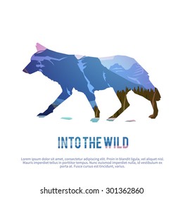 Vector poster on themes: wild animals of Canada, survival in the wild, hunting, camping, trip. Coyote.