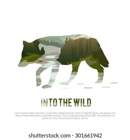 Vector poster on themes: wild animals of Canada, survival in the wild, hunting, camping, trip. Wolf.