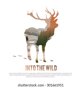 Vector Poster On Themes: Wild Animals Of Canada, Survival In The Wild, Hunting, Camping, Trip. Deer.