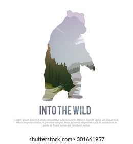 Vector poster on themes: wild animals of Canada, survival in the wild, hunting, camping, trip. Bear.
