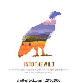 Vector poster on themes: wild animals of Africa, safari, animals of the Savannah, survival in the wild, hunting, camping, trip. African vulture.