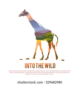 Vector poster on themes: wild animals of Africa, safari, animals of the Savannah, survival in the wild, hunting, camping, trip. Giraffe.