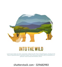 Vector poster on themes: wild animals of Africa, safari, animals of the Savannah, survival in the wild, hunting, camping, trip. African rhinoceros.