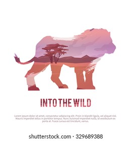 Vector poster on themes: wild animals of Africa, safari, animals of the Savannah, survival in the wild, hunting, camping, trip. Lion.