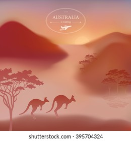 Vector poster on themes: wild animals of Australia, animals of the Australian continent, nature, mountains, landscape, travel, hunting,  trip. Kangaroos