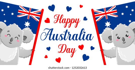 Vector poster on white background. Happy Australia Day. Cute funny koala. Template for print, design