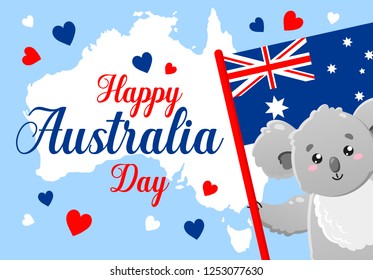 Vector poster on white background. Happy Australia Day. Cute funny koala. Template for print, design