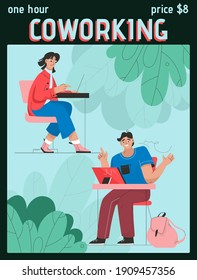 Vector poster of One Hour Coworking concept. Freelancers or employees working on laptops at open office space. Man and woman colleagues work together. Character illustration of advertising banner