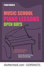 Vector poster one line design piano for banner, flyer or brochure. Bright neon colors. Concert poster design