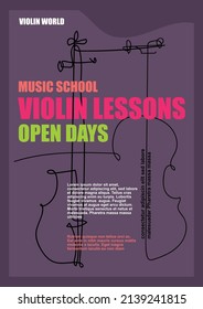 Vector poster one line design violin for banner, flyer or brochure. Bright neon colors. Concert poster design