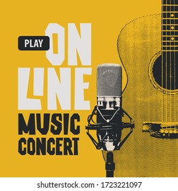 Vector poster for an online music concert with a guitar and Studio microphone on a yellow background. Suitable for advertising, web banner, poster, flyer, invitation, cover, web page