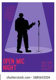 Vector Poster Of Open Mic Night Concept. Silhouette Of Comedian Stand Up With Microphone On Stage. Invitation Design Of Live Comic Performing Show At Club. Character Illustration Of Advertising Banner