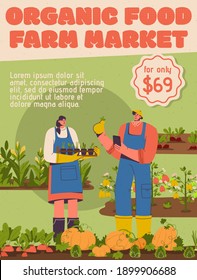 Vector poster of Organic Food at Farm Market concept. Couple of farmers standing in vegetable garden. Man and woman gathering harvest, planting crops, working on farm. Character illustration of banner