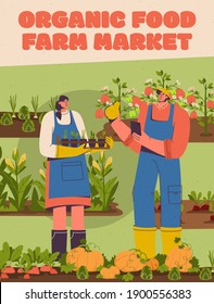 Vector poster of Organic Food at Farm Market concept. Couple of farmers standing in vegetable garden. Agribusiness, farming and crop production, working on farm. Character illustration of banner