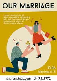 Vector poster of Our Marriage concept. Man in love makes marriage proposal to woman. Happy couple is getting engaged. Event invitation template. Character illustration of advertising banner design