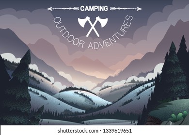 Vector poster for outdoor activities with vibrant cartoon illustrations of mountain ridges, forest and lake.