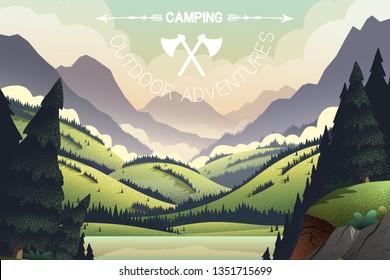 Vector poster for outdoor activities with vibrant cartoon illustrations of mountain ridges, forest and lake.
