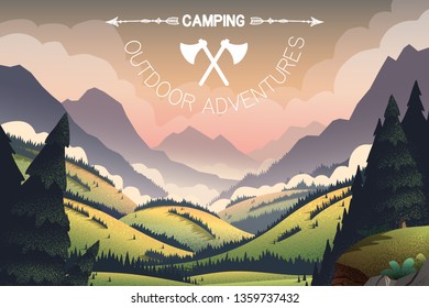 Vector poster for outdoor activities with vibrant cartoon illustrations of mountain ridges, forest and lake.
