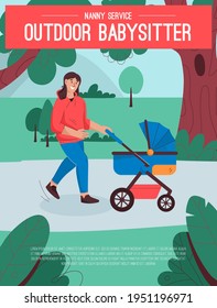 Vector poster of Outdoor Babysitter Service concept. Nanny walking with baby in stroller at city park. Woman takes care of child. Assistant helps mother. Character illustration of advertising banner