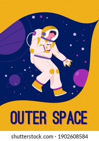 Vector poster of Outer Space concept. Man in spacesuit drinking soda and flying in zero gravity. Conquest of planets, astronauts adventures, future planetary tourism. Character illustration of banner