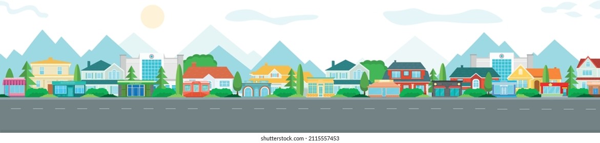 Vektorplakat mit Blick auf die Stadtgebäude. Stadtblick. Moderne Stadt mit Wolkenkratzern.	