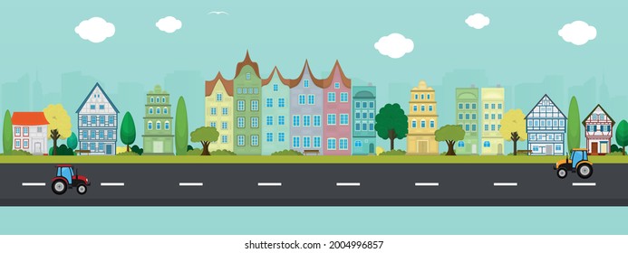 Vektorplakat mit Blick auf die europäische Stadt.  Stadtstraße.	Aussicht auf Häuser, Straße und Straße.