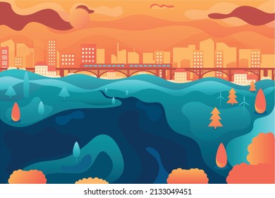 Vector poster overlooking the valley with road, modern  city and bridge. Urban view with nature.	