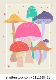 Vector poster with painted mushrooms. Psychedelic banner with colorful mushrooms.