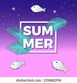 Vector poster with palm leaves and paper cut design fishes. Summer night illustration.