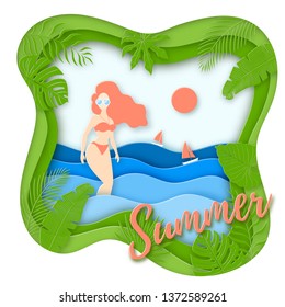 Vector poster in paper art style. Girl in coral swimsuit standing in the sea with sailboats in frame of trorical leaves. Text Summer. 