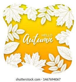 Vector poster in paper art style with maple, oak, rowan leaves and white text Hello Autumn on the yellow background.