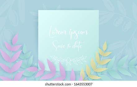 Vector poster in paper art style with tropical different leaves and white text Save the date on the blue background.