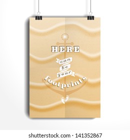 Vector poster. The paper hangs on the clamps. Sand waves. Beautiful inscription - Here can be your footprints. The shadow of the anchor. Decorative elements: ribbon, sun and footprints.
