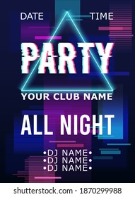 a vector poster for party in glitch style with neon colors and geometric elements 