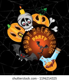 Vector poster for a party for Halloween. A skull with a candle and a witch's flask with bats in front of a circle with an inscription. Pumpkins Jack around the circle. Black background with a gray web