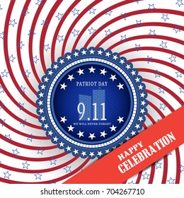 Vector poster of Patriot Day with blue label with mesh and red stripe on the background with red curved rays and stars.