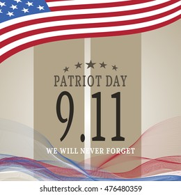 Vector poster of Patriot Day on the background with waves and flag.