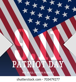 Vector poster of Patriot Day on the dark blue background with text and american flag.