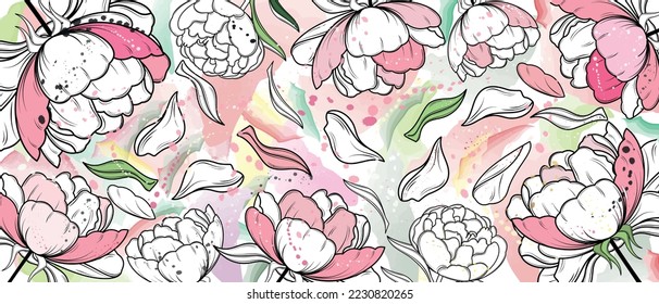 Afiche vectorial con flores de peonía en un fondo de color agua. Antecedentes abstractos.	