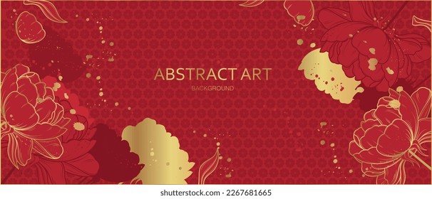 Afiche vectorial con flores de peonía en un fondo rojo. Antecedentes chinos.