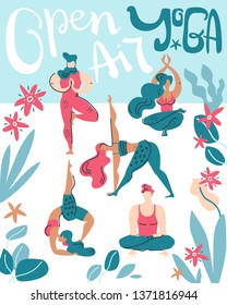 Vector poster with people do yoga on the air among tropical leaves. Open air gymnastic. Hand lettering.