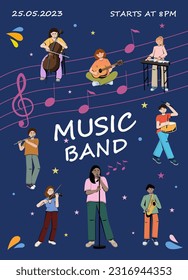 Vector poster with people playing musical instruments and with bright ornamentation. Character drawing for a banner, flyer, or poster