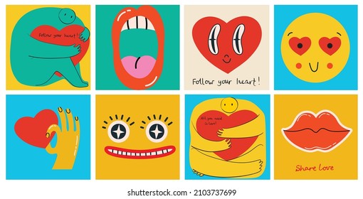 Afiche vectorial de la persona sosteniendo el corazón. Afiche del día de San Valentín, valentina con fondo abstracto y geométrico.