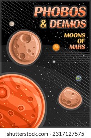 Vector Poster for Phobos and Deimos, vertical banner with illustration of rotating stone moons around cartoon mars planet on starry background, a4 format cosmic leaflet with words phobos and deimos