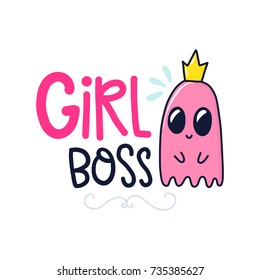 Vector poster with phrase, animal, crown and decor elements. Typography card, color image. Girl boss. Design for t-shirt and prints.