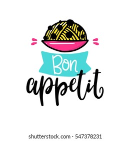 Vector poster with phrase, balloons and decor elements. Typography card, color image. Bon  appetit. Design for t-shirt and prints.