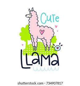 Vector poster with phrase, lama, hearts and decor elements. Typography card, color image. Cute llama. Design for t-shirt and prints.