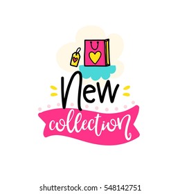 Vector poster with phrase, package and decor elements. Typography card, color image. New collection. Design for t-shirt and prints.