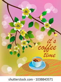 Vector poster with phrase spring all wakes up, flowers sakura blossom. Typography card, image with lettering.  It's coffee time.